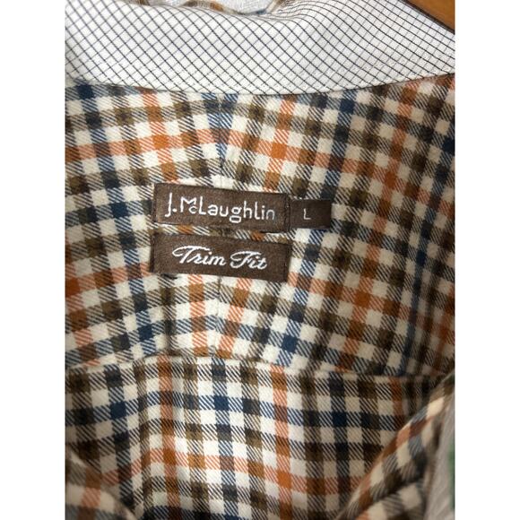 J McLaughlin Flannel Shirt Large Brown Plaid Gingham Trim Fit - Picture 6 of 11